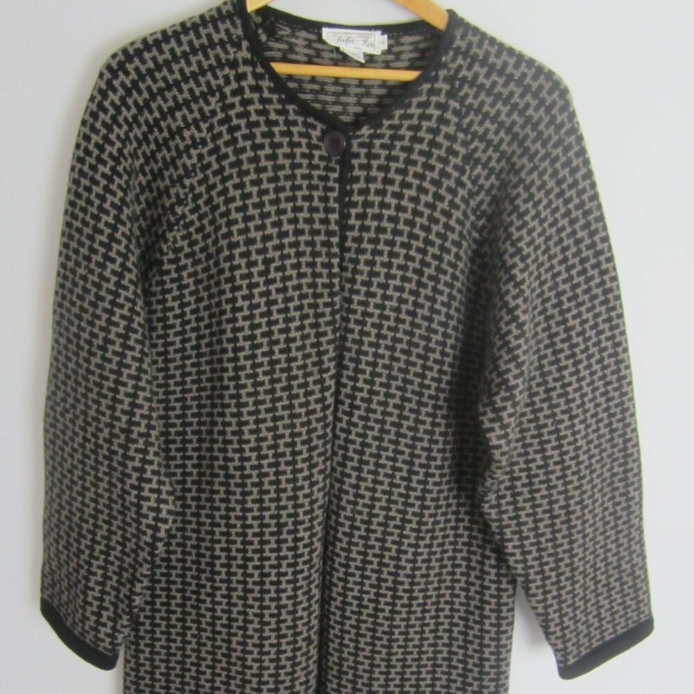 Vtg Sir For Her Womens Small Taupe Black 100% Wool LS Cardigan Sweater Coat S